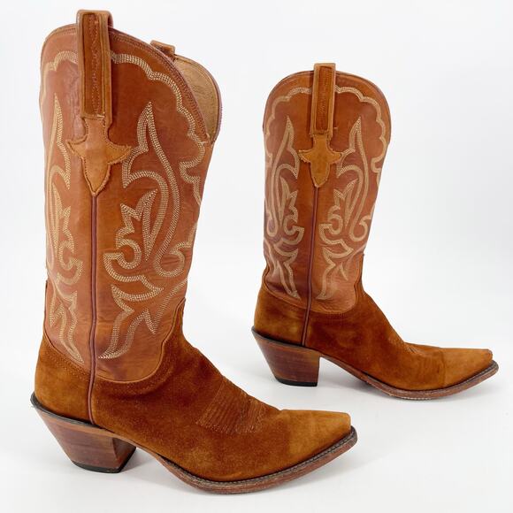 Lucchese Shoes - Lucchese Classics Cognac Camel Suede Stitch Detail Western Cowgirl Boot size 7.5